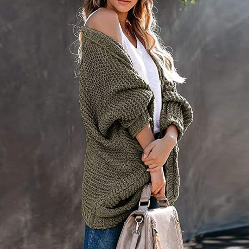 Women’s Black Knitted Pocket Cardigan Sweater Coat