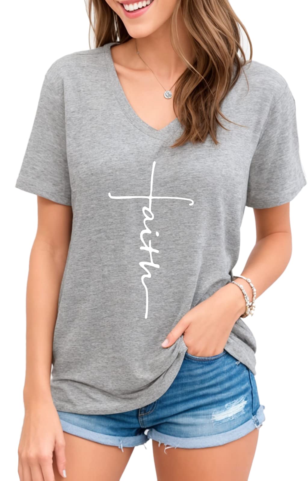Moms care Women Cross Faith Printed V-Neck Tees Letter Print T-Shirt Christian Graphic Tees (Grey VneckXL)