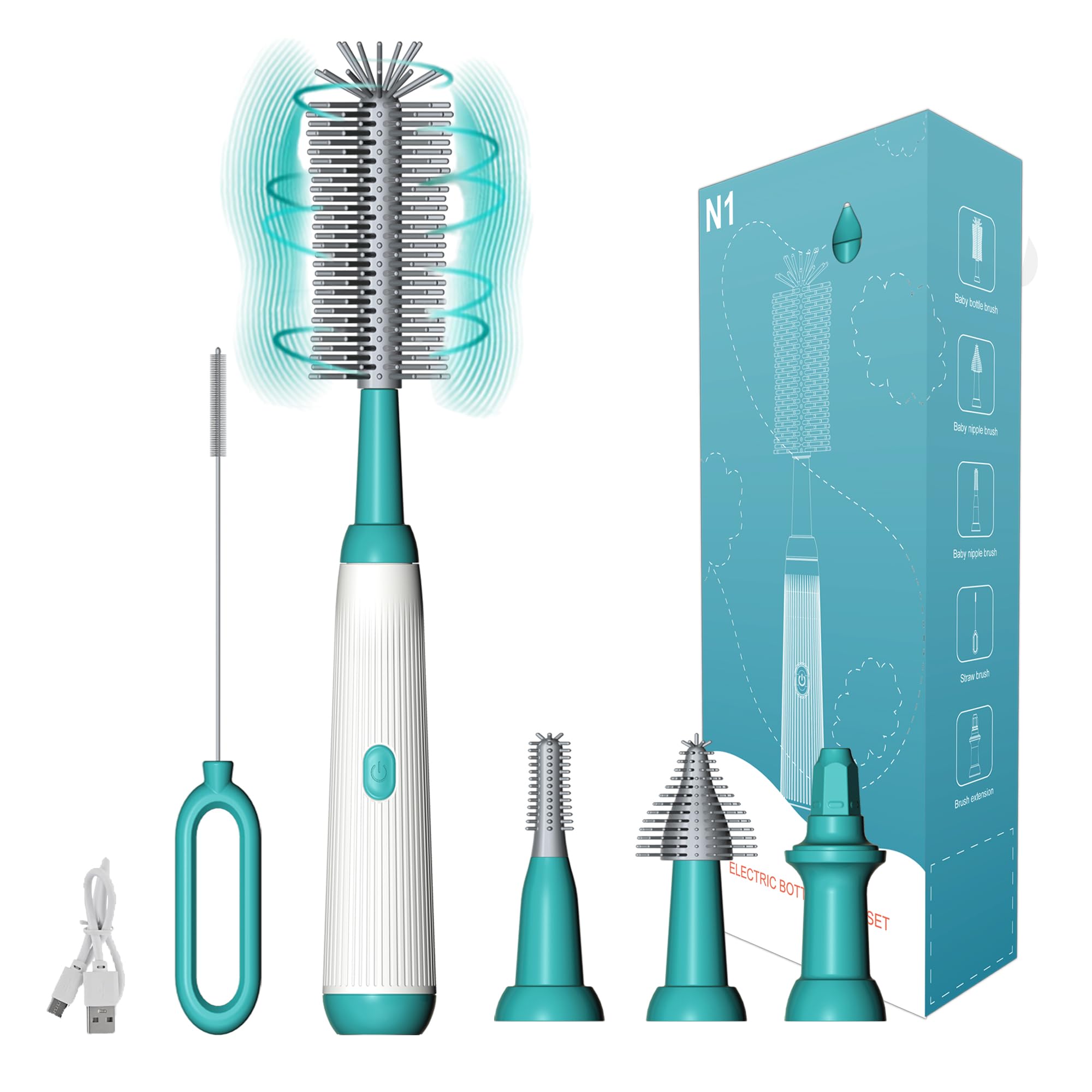 Electric Bottle Brush Set with Baby Bottle Brush 4-PieceBottle BrushNipple BrushStraw Brush and Extension HandleUSB RechargeableGift for Pregnant Women and New Moms (Green)