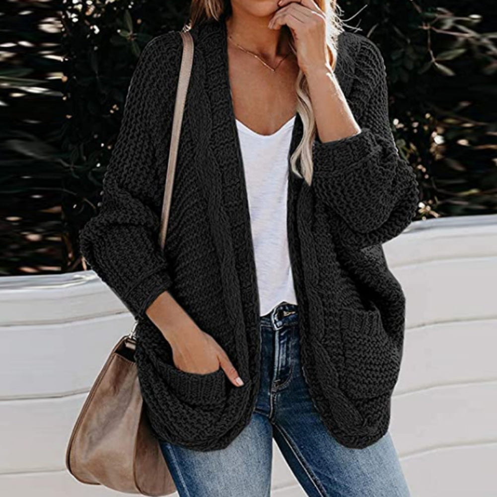 Women’s Black Knitted Pocket Cardigan Sweater Coat