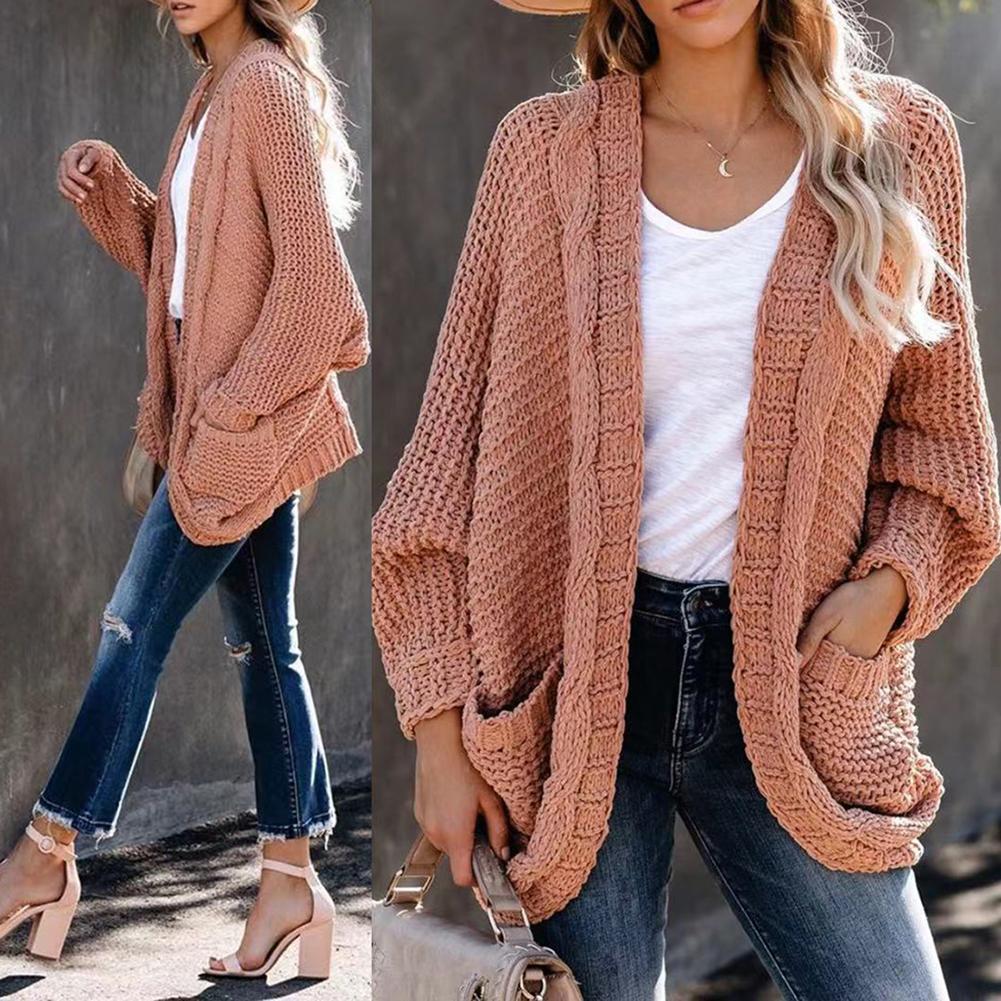 Women’s Black Knitted Pocket Cardigan Sweater Coat