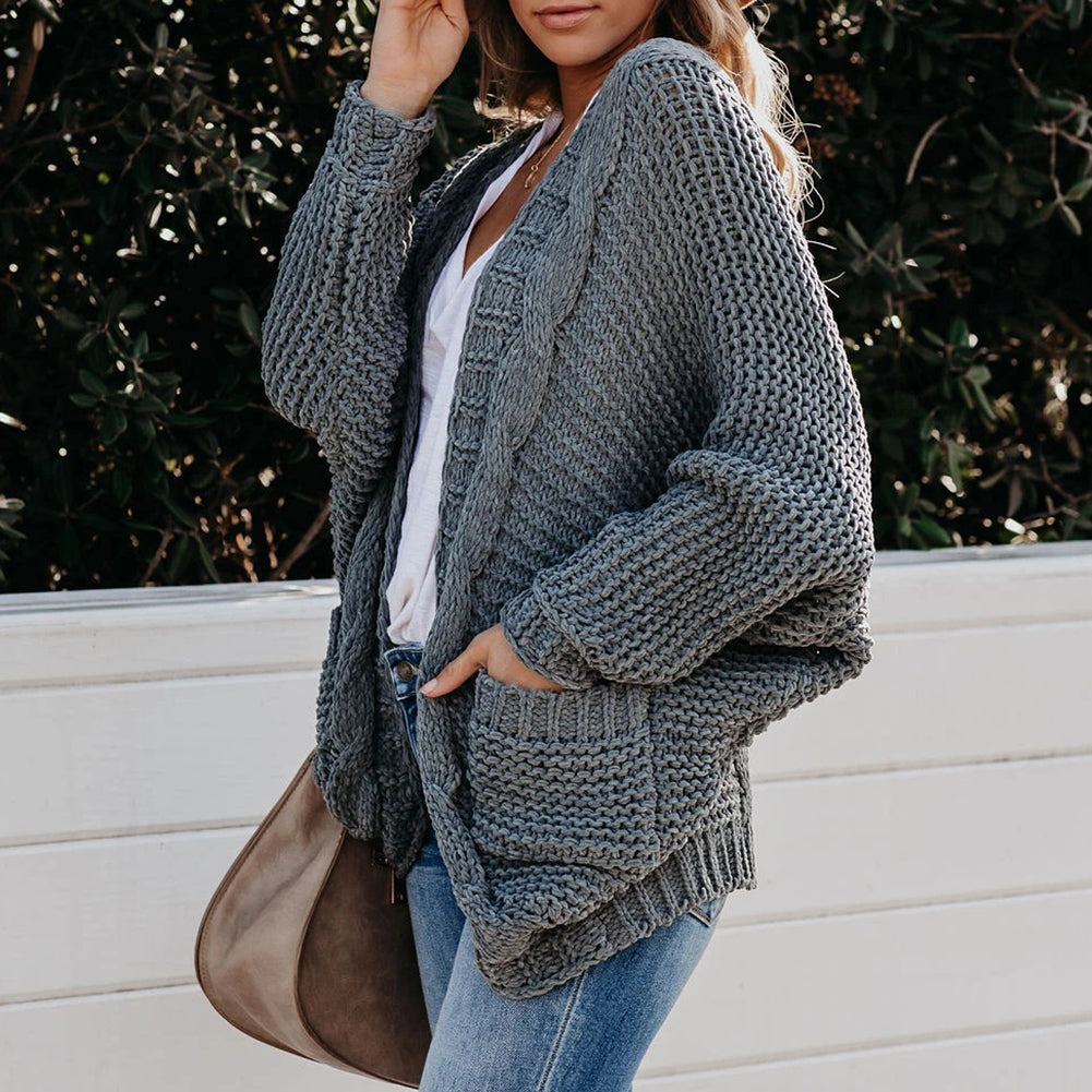 Women’s Black Knitted Pocket Cardigan Sweater Coat