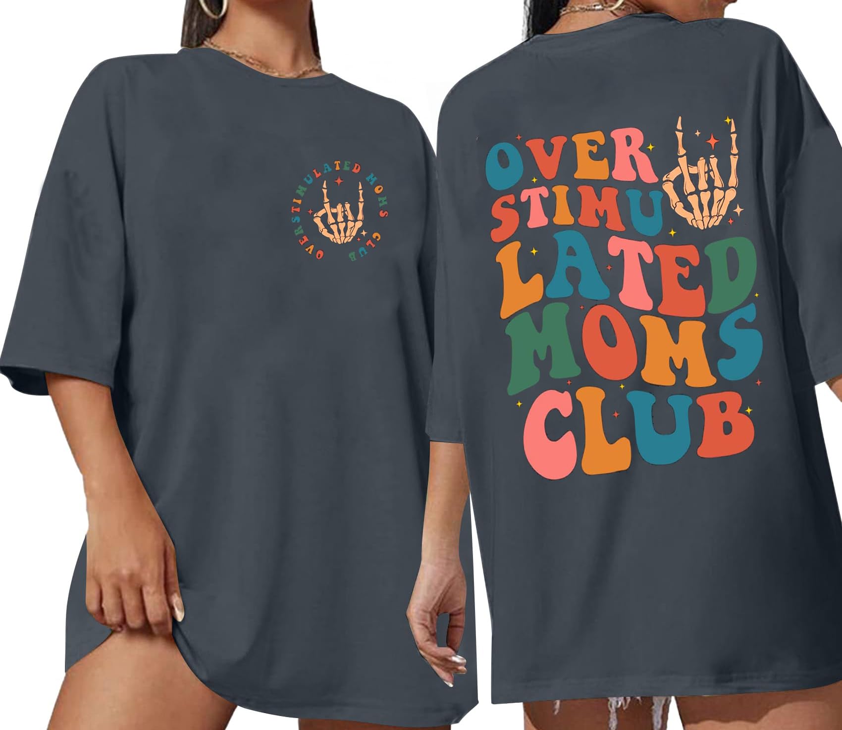 Overstimulated Moms Club Shirt Funny Moms Club Graphic Oversized Tshirts Mom Life Skeleton for Women Casual Tees Top-Grey S